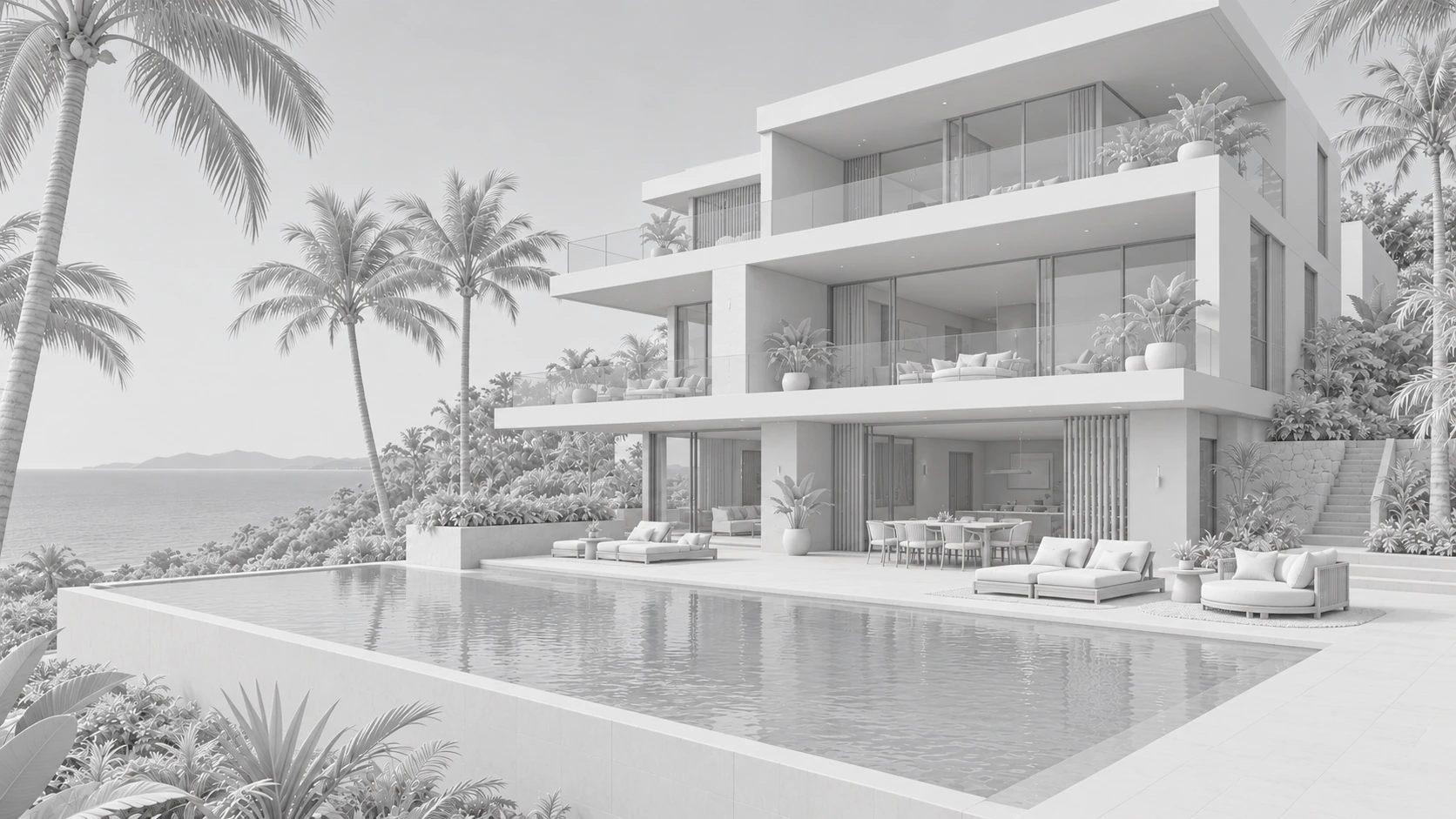 Matching white-clay concept view of Coastal House