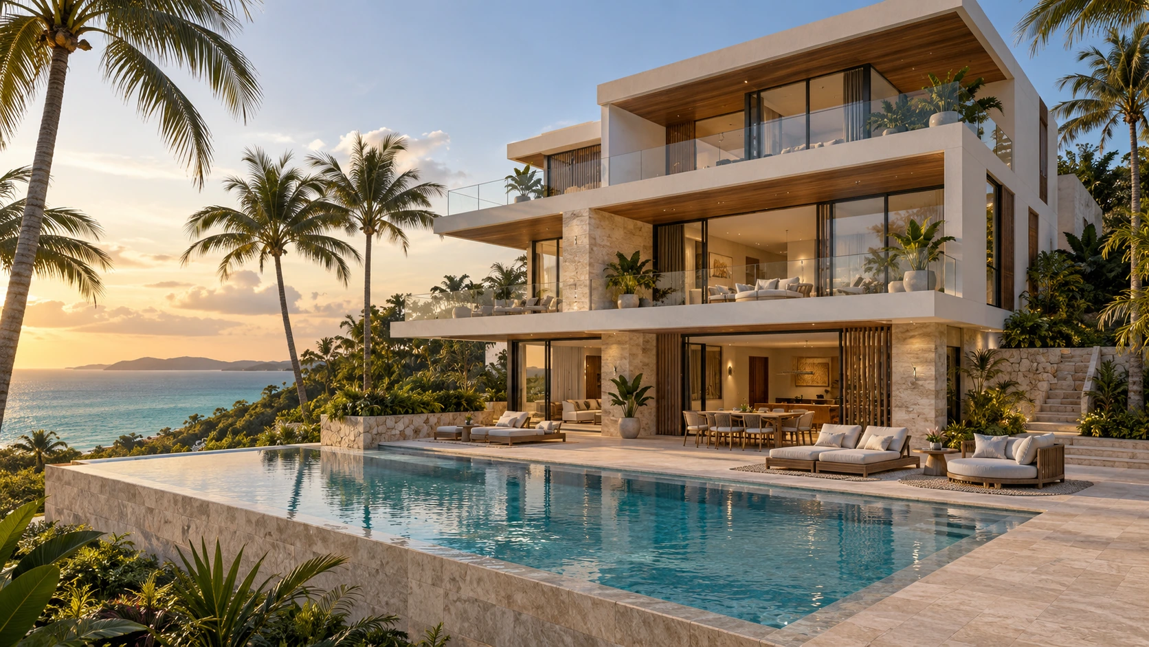 AI-assisted concept of a coastal modern house and pool terraces