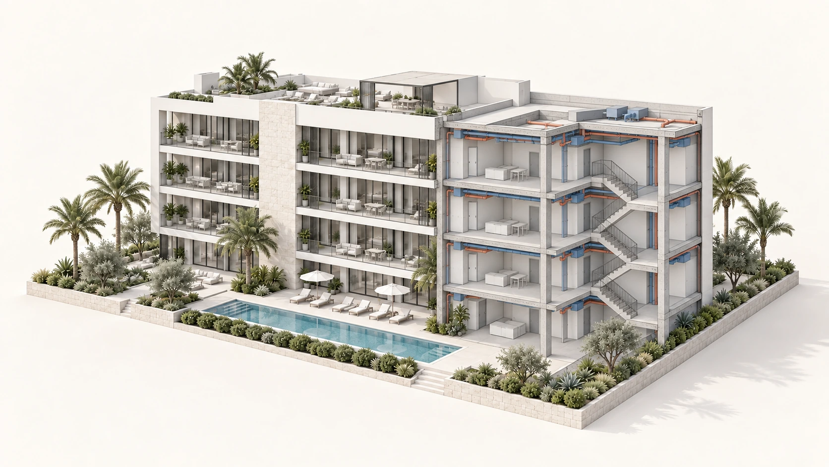 Illustrative sectional coordination study exposing the condominium floors, structure, stairs and selected building services