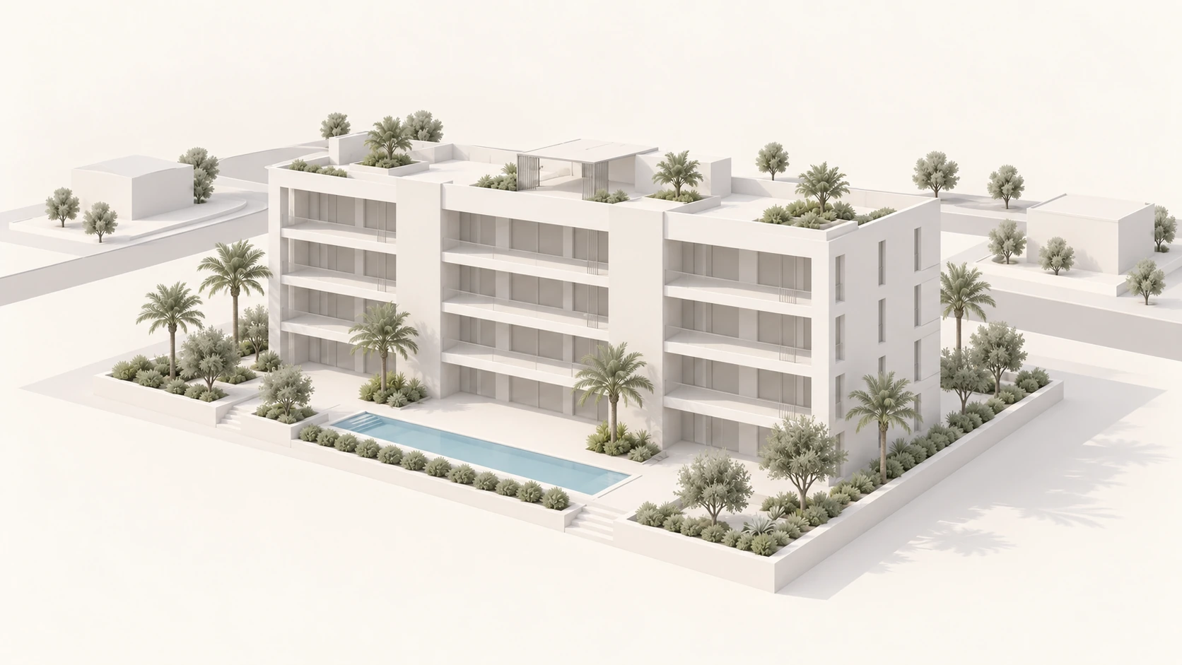 White massing concept of a four-storey condominium with surrounding site context