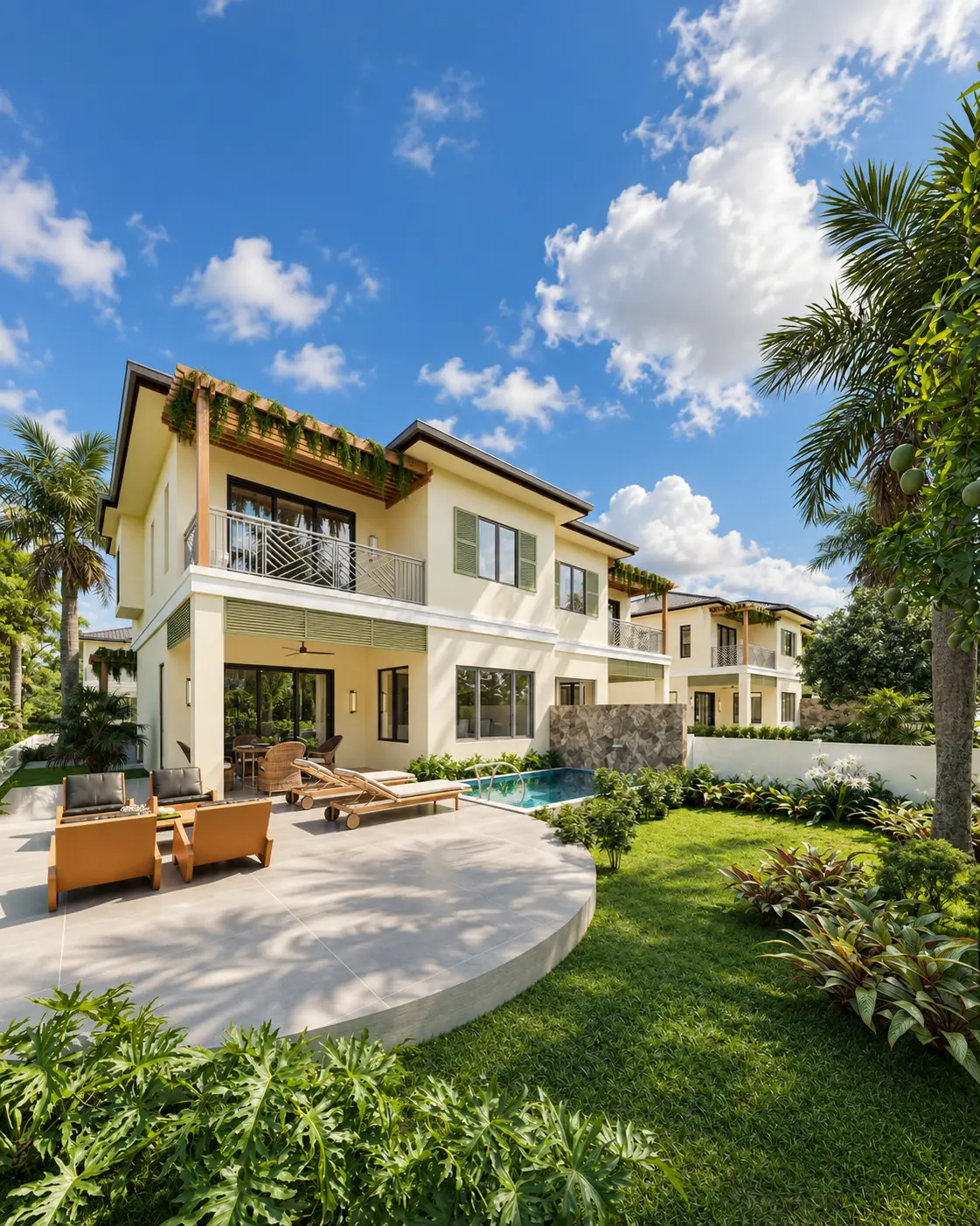 Architectural visualisation of Magnolia Lane Duplex with shaded balconies, planted pergolas, a pool terrace and tropical gardens